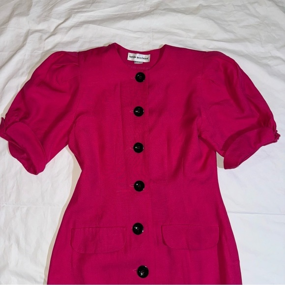 Vintage Hot Pink 80s Dress Button Front Real Vtg Linen - Picture 2 of 11